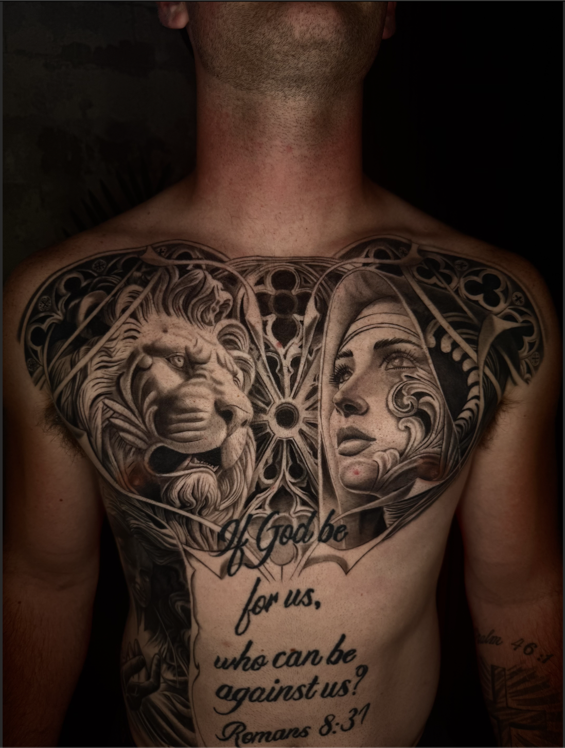 Romans 8:31 — chest piece · religious realism