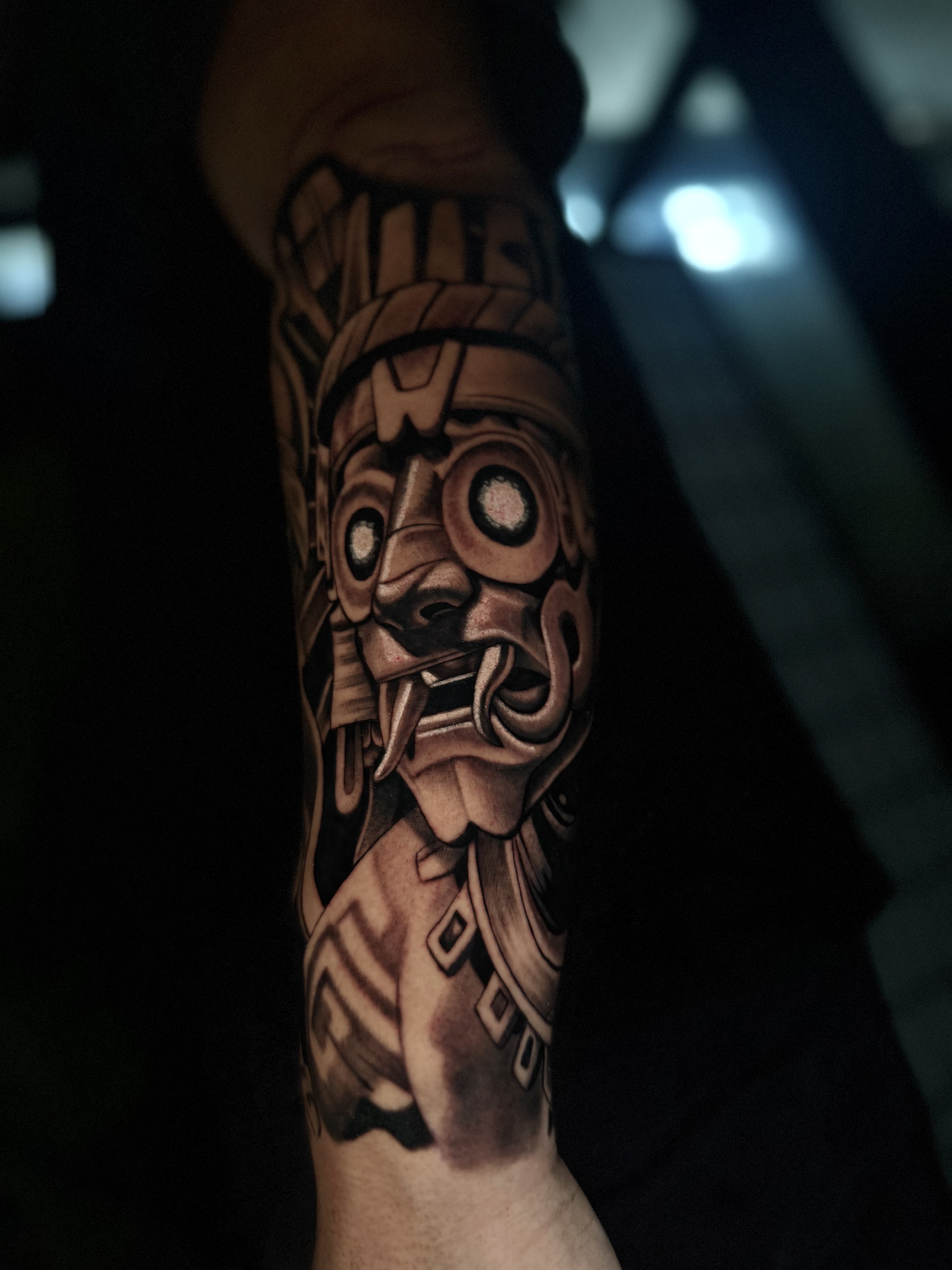 Aztec Warrior — black & grey realism · forearm