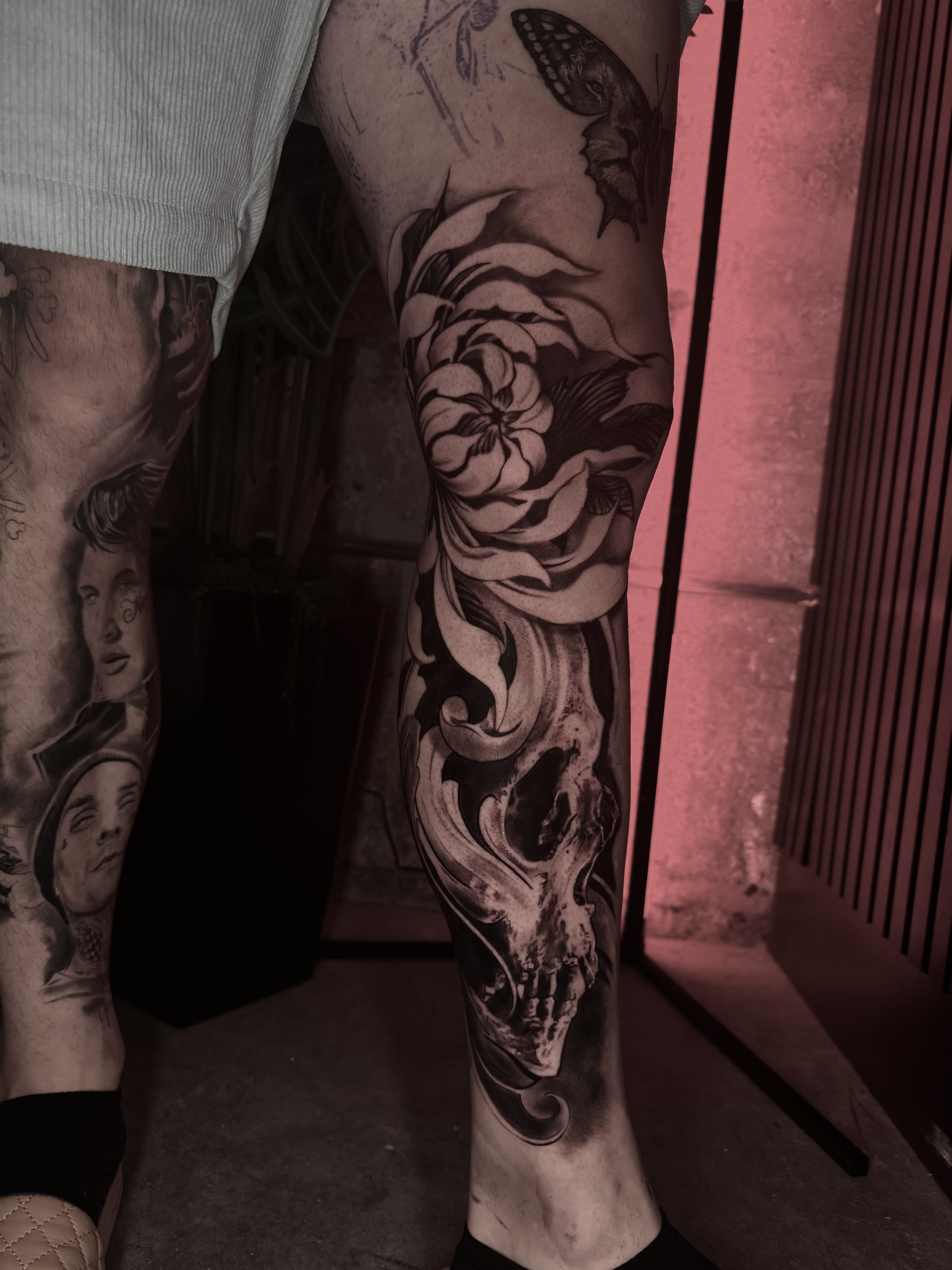 Bloom & Bone — skull & floral · leg sleeve