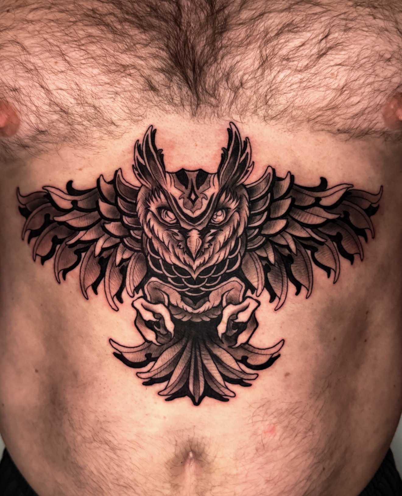 Neo-traditional owl chest piece